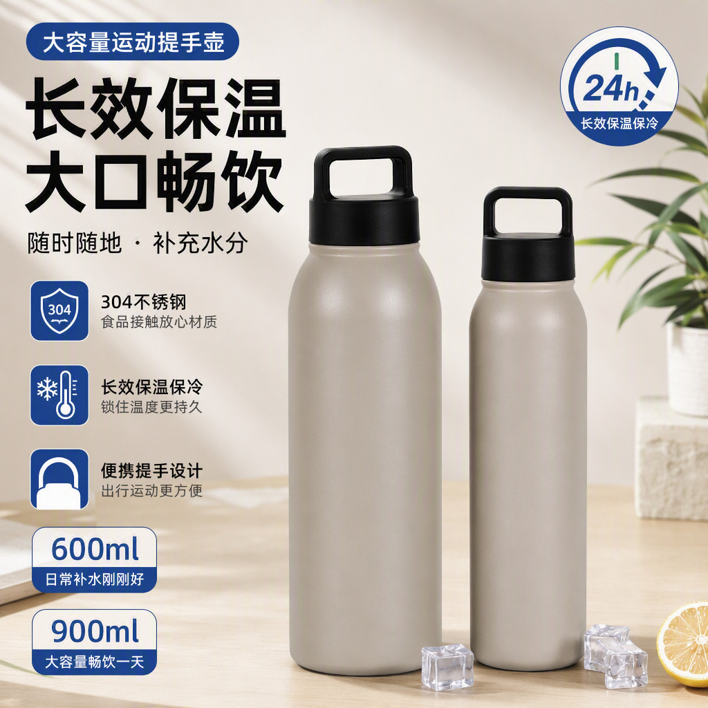 Sports insulated cup, large-capacity stainless steel water bottle, double-layer vacuum cold-retaining, portable with handle, suitable for hiking and travel, wholesale