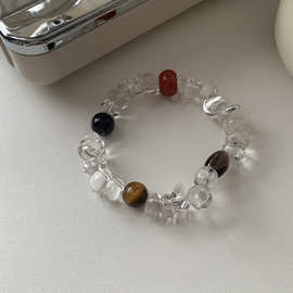夏日天然白水晶彩色串珠虎眼石茶晶黑玛瑙红玛瑙手串纯银女手串M