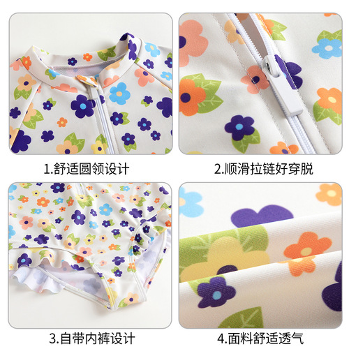 New children's swimsuit, female fungus lace, small fresh floral, long sleeves, belly-covering, conservative one-piece girl and baby swimsuit