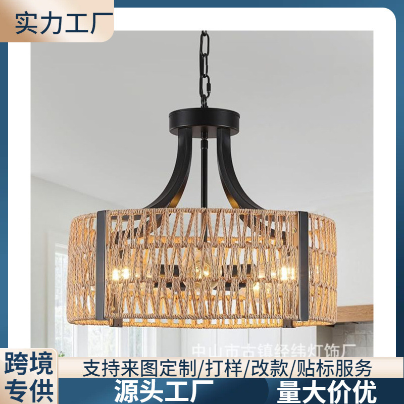Cross-Border Bohemian Woven Pendant Light Amazon Farmhouse Country Handmade Rattan Bedroom Island Dining Room Pendant Light
