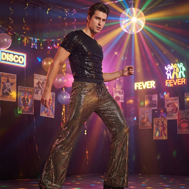 2026 Autumn European and American Retro Hip-Hop Trendy Flared Pants Nightclub Shiny Men's Stage Performance Sequin Plaid Trousers 2026 Autumn European and American Retro Hip-Hop Trendy Flared Pants Nightclub Shiny Men's Stage Performance Sequin Plaid Trousers