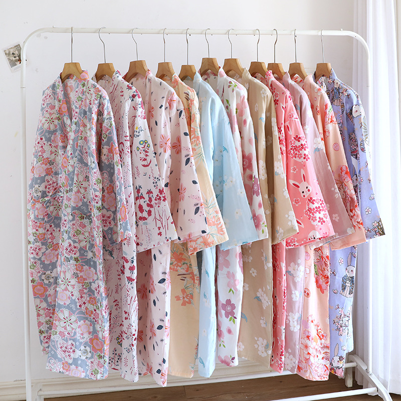 Spring and Summer Thin Women's Pure Cotton Gauze Japanese Kimono Nightgown Bathrobe Pajamas Cardigan Lace-Up Nightgown Bathrobe Sweatshirt