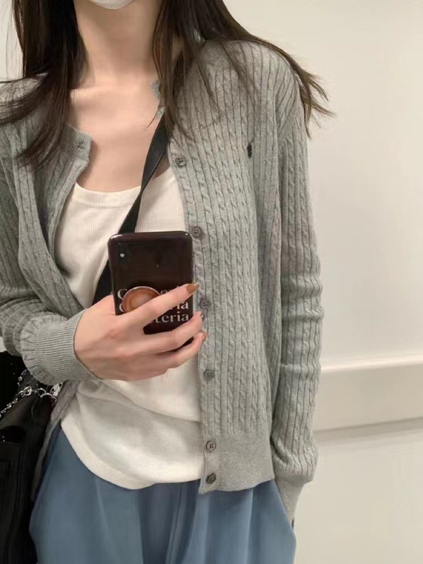 拉夫小马刺绣开衫高版本圆领针织小麻花上衣秋季女毛衣外套空调衫|undefined