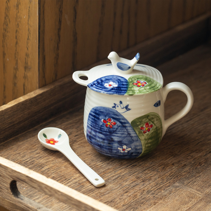 Japanese Imported Mino Ware Hand-Painted Ceramic Water Cup Breakfast Cup Japanese Coffee Cup with Spoon Cute Lid Tea Cup