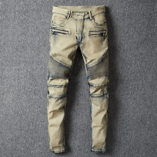 Customized retro distressed denim pants stitching motorcycle zipper pocket OEM modified printed character processing