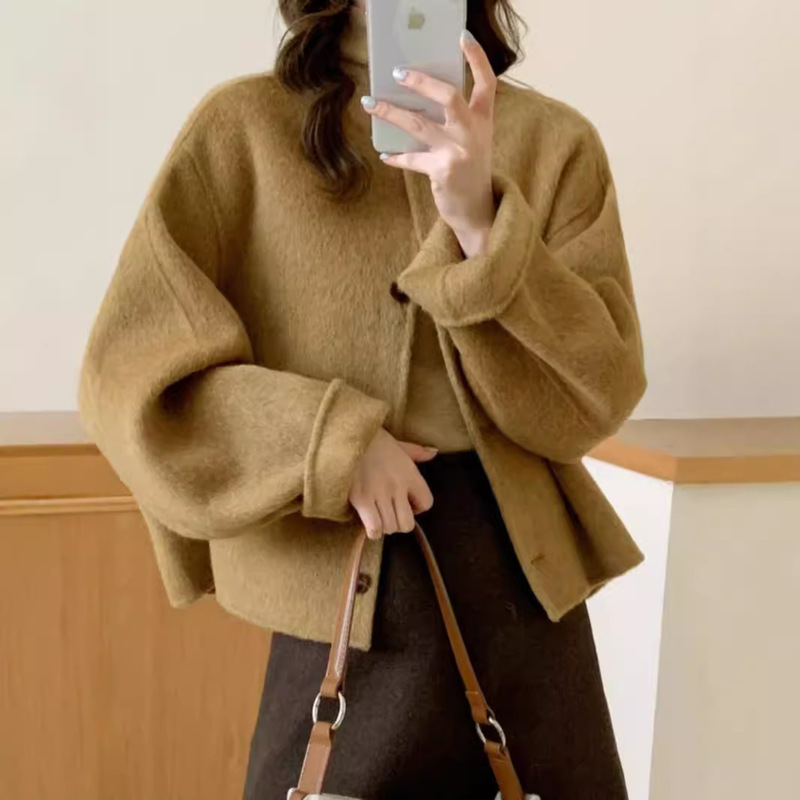 24 New Spring Double-Sided Wool Short Woolen Coat Women's Korean Style Light Luxury Hepburn Style Short Woolen Coat