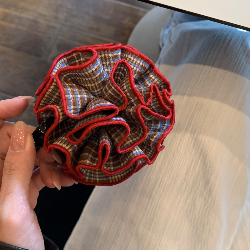 经典红格纹花球撞色香蕉夹女高级感扎发高马尾鲨鱼夹竖夹头饰发饰|undefined