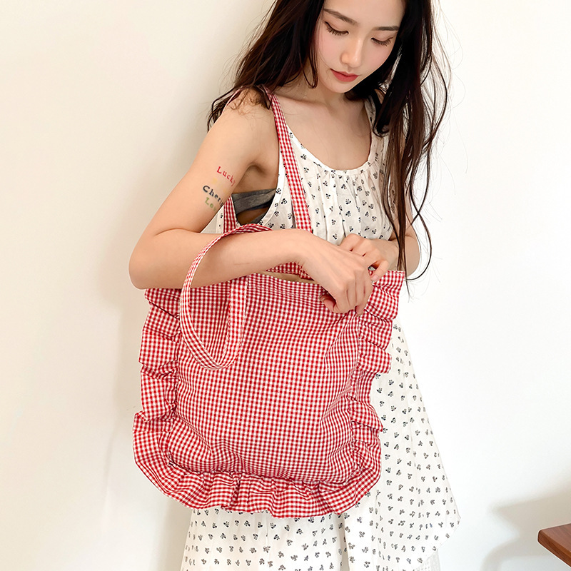 Fresh Check Ruffled Shoulder Bag Cute Lace Book Bag Daily Commuter Tote Ins Han Feng Student Bag