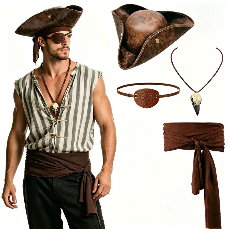 5-Piece Pirate Costume Accessories Set Suitable for Men, Halloween Pirate Hat, Headscarf, Belt, Eye Mask, Necklace 5-Piece Pirate Costume Accessories Set Suitable for Men, Halloween Pirate Hat, Headscarf, Belt, Eye Mask, Necklace