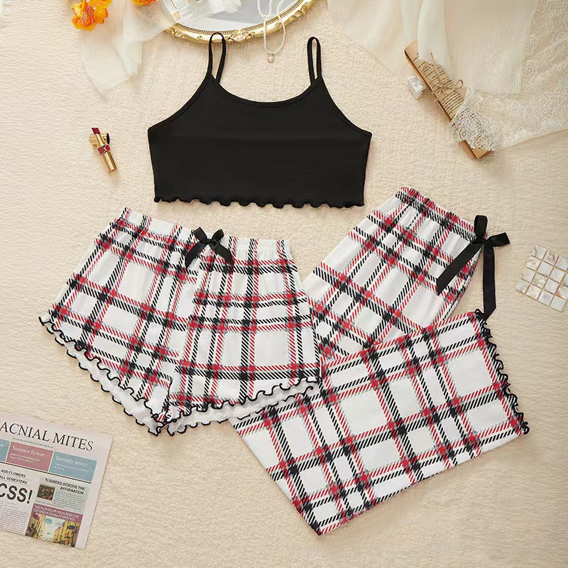 Plaid pjs pajamas three-piece women's spring and autumn cross-border Amazon popular new hot selling wholesale European and American Home wear Plaid pjs pajamas three-piece women's spring and autumn cross-border Amazon popular new hot selling wholesale European and American Home wear