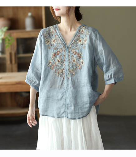 women's retro embroidered tang suit shirt button cotton and linen shirt top tea clothes for female Chinese style mid-sleeve qipao dress blouse T-shirt