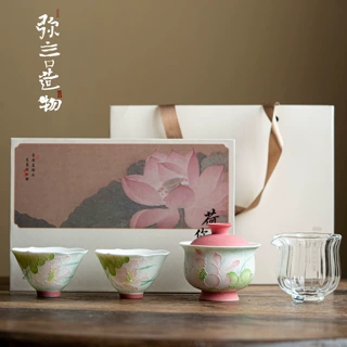 弥言手绘荷花鱼戏茶具套装高档礼盒伴手礼家用盖碗茶杯送闺蜜送礼
