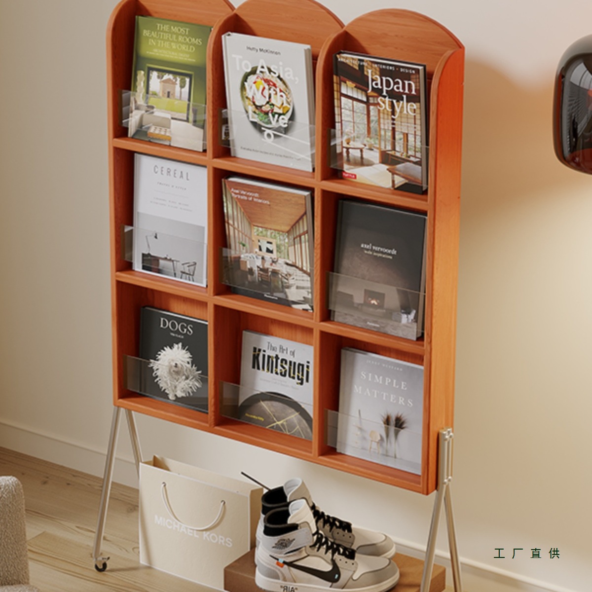 Retro Solid Wood Magazine Rack Small Apartment Living Room Balcony Reading Display Rack French Simple Newspaper Storage Rack Bookshelf