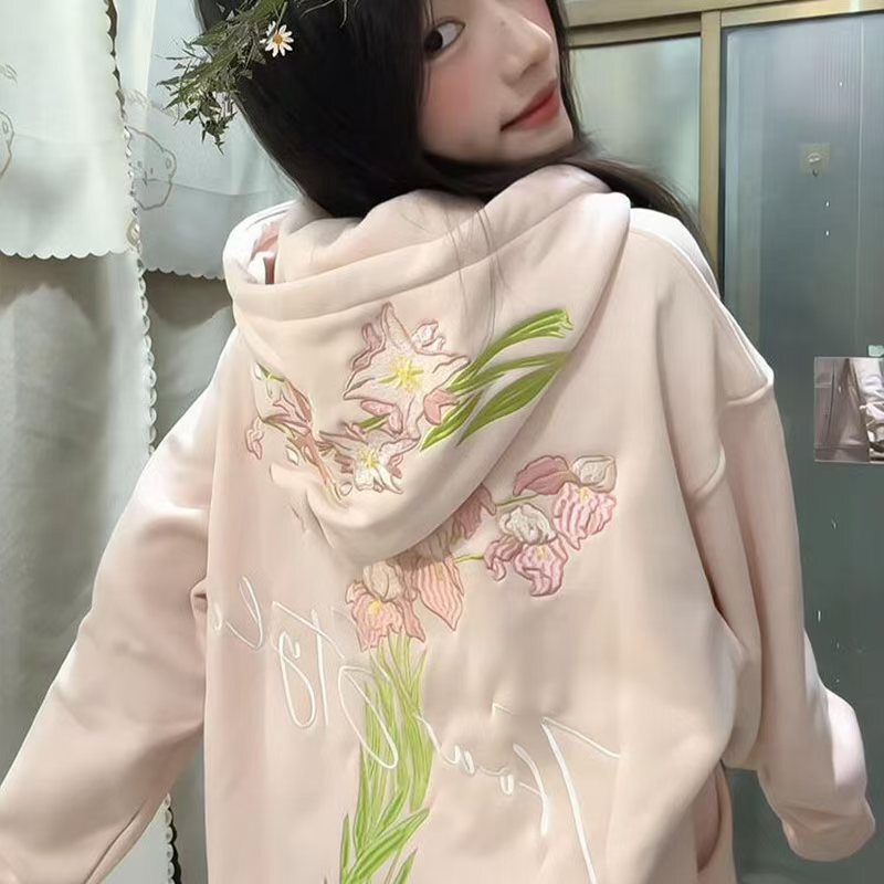 American Retro Hooded Letter Zipper Sweatshirt for Women in Autumn and Winter Loose Slimming Look Floral Relaxed Casual Jacket Trendy