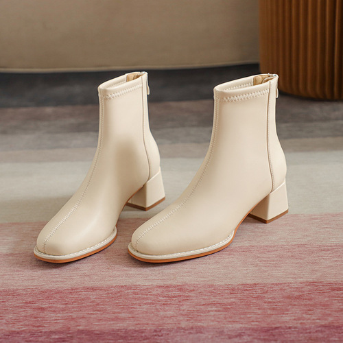 Fuhao Thick Heel Internet Celebrity Short Boots Women's Soft  New High Heel Boots Back Zipper Round Toe Fashion Women's Boots Leather Boots