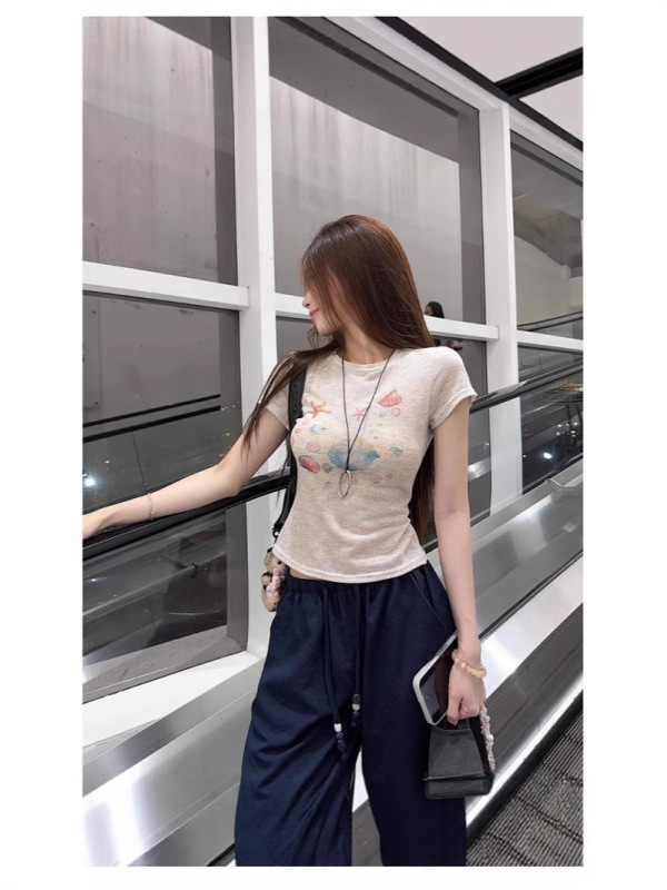 美しい花糸フルーツプリントラウンドネック半袖Tシャツレディース2025夏新作万能ショートシャツトップ|undefined
