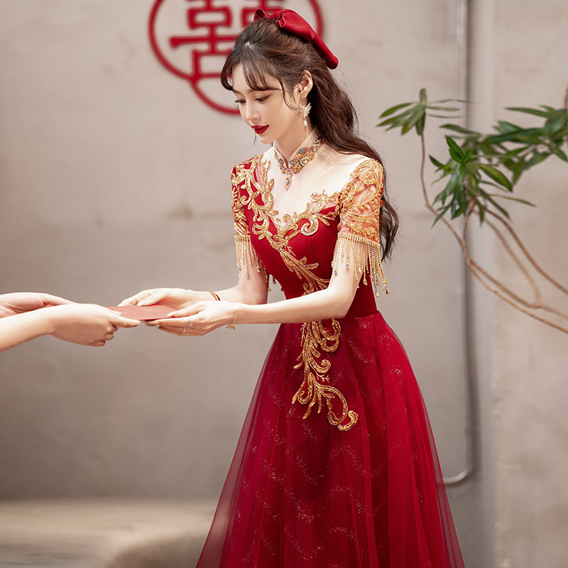 Vestido tostado de estilo chino para la novia, boda transfronteriza, ropa informal el día de la boda, vestido de compromiso de primavera burdeos, vestido de novia para mujer