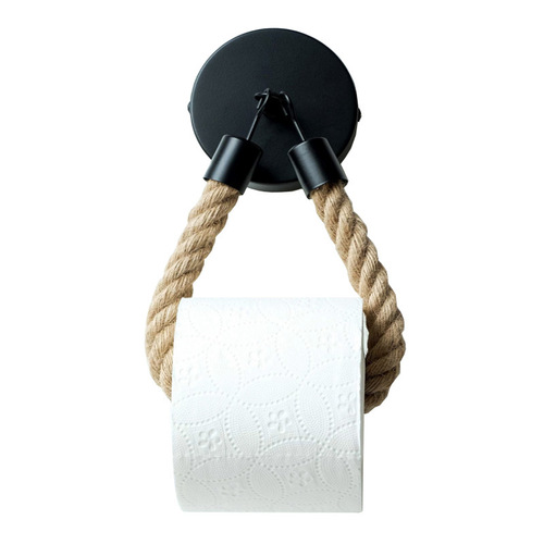 Black spray paint matte hook hemp rope paper towel holder kitchen bedroom wall hanging paper roll holder toilet paper holder factory direct sale
