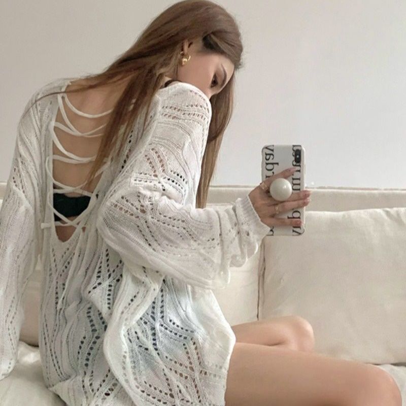 White Cut Out Backless Knitted Top Sexy Strap Long-sleeved Beach Knitted Blouse Plus Size Women's Clothing Export Summer