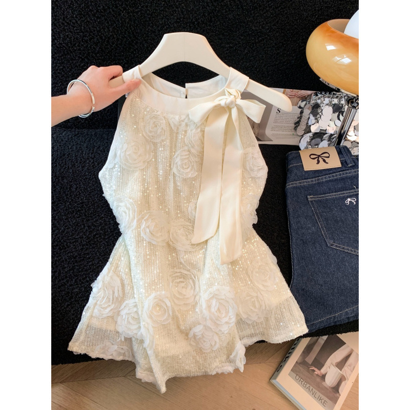 French-Style Halter Neck Sleeveless Top with High-End Feel, Three-Dimensional Floral Sequins, Elegant Loose Fit, Slimming and Versatile Trendy Blouse