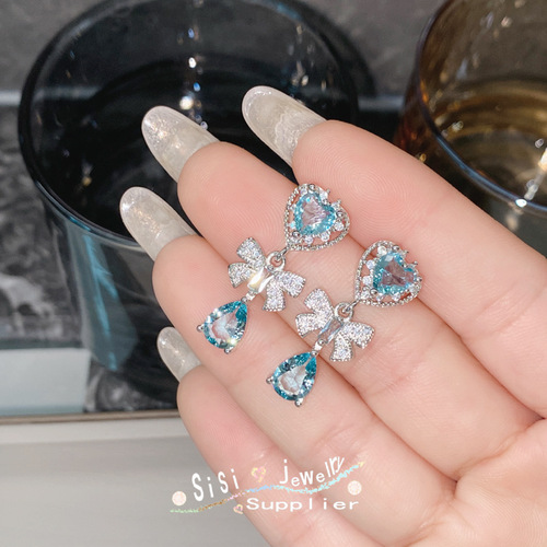 SIsi heavy industry light luxury bow love earrings gold-plated micro-inlaid imitation aquamarine niche super fairy temperament earrings