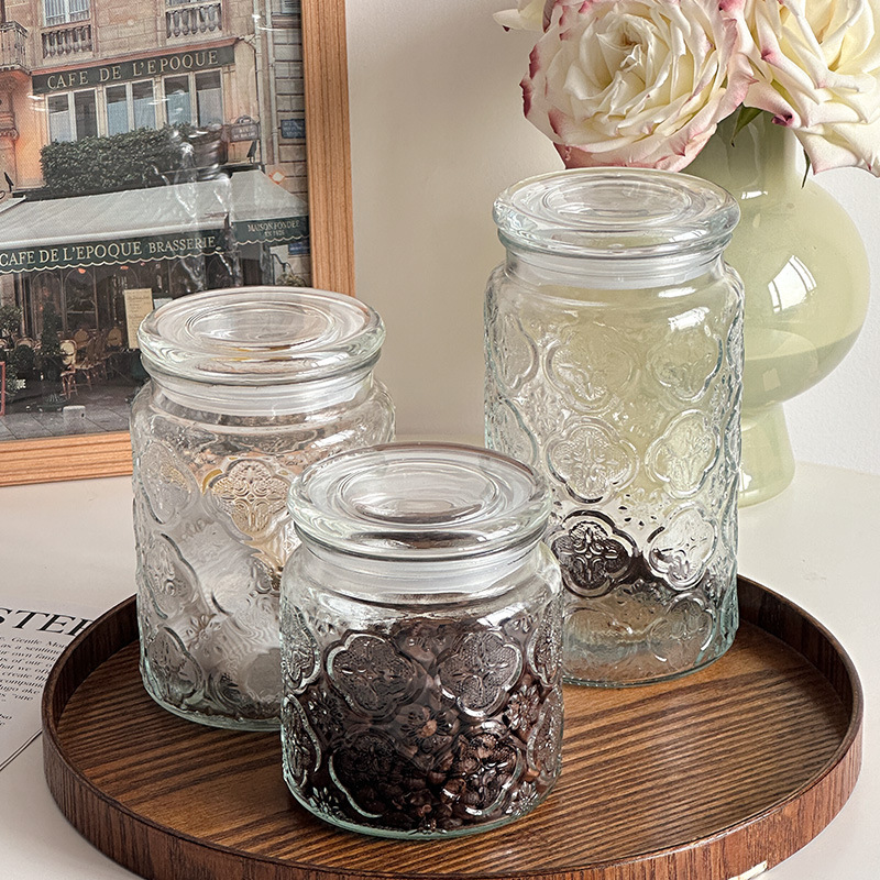 复古透明海棠花玻璃密封罐高硼硅玻璃储物罐玻璃盖手工吹制收纳罐