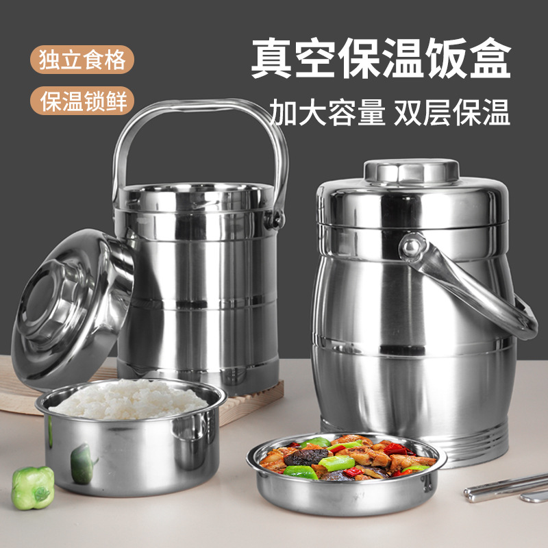 Cubo aislado de tambor recto de acero inoxidable portátil de múltiples capas de gran capacidad lonchera de doble capa con aislamiento al vacío