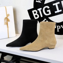 6825-1 French pointed slim boots, women's suede nude boots, versatile fashion boots, back zipper low heel solid color short boots
