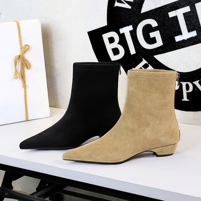 6825-1 French pointed slim boots, women's suede nude boots, versatile fashion boots, back zipper low heel solid col