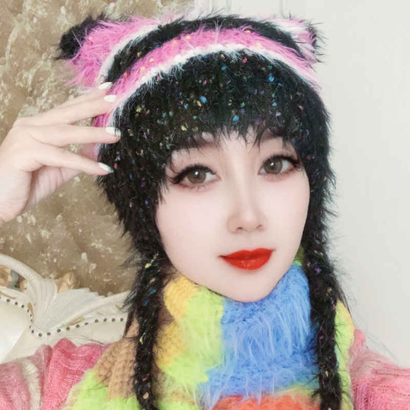 设计师新款韩版仿水貂毛绒帽子女冬季保暖可爱猫咪帽针织护耳帽潮