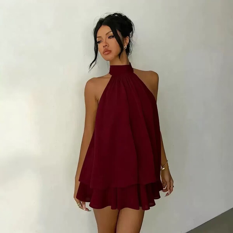 European and American New Style Solid Color Vacation Slim-Fit Sexy Backless Halter Neck Waist-Cinching Top with Puffy Short Skirt Dress for Women European and American New Style Solid Color Vacation Slim-Fit Sexy Backless Halter Neck Waist-Cinching Top with Puffy Short Skirt Dress for Women