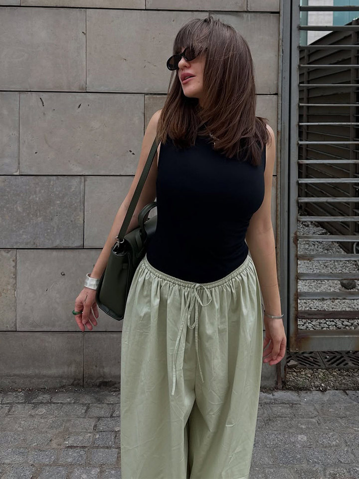 Quần harem ống rộng cotton dáng lửng lưng vừa phong cách đường phố — Màu hồng, Màu kaki, Màu mơ, Màu xanh da trời chi tiết 41