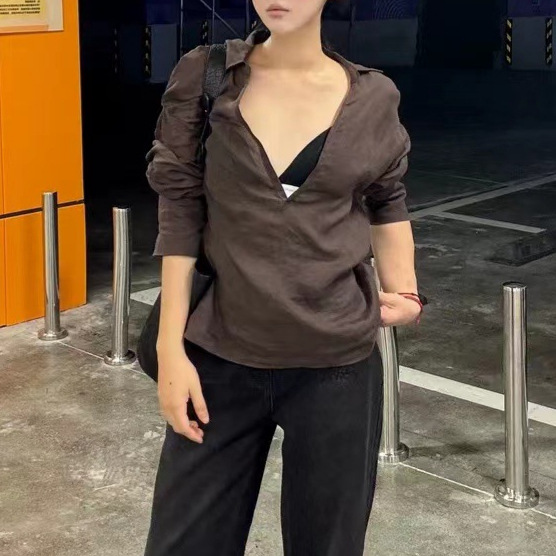 苎麻V领法式松弛感防晒女衬衫25早秋老钱风咖色调节收腰长袖上衣
