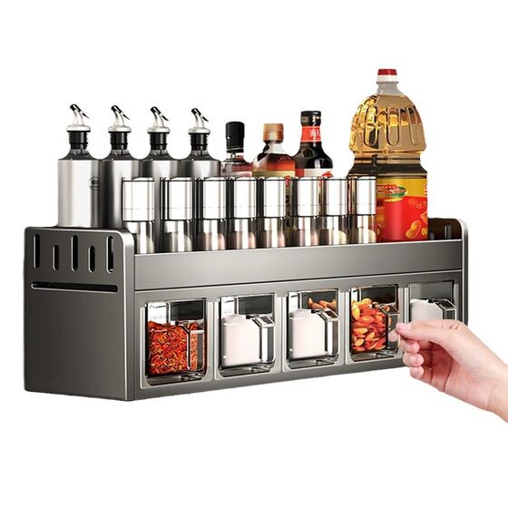 Kitchen Seasoning Rack Non-Punch Wall-Mounted Multi-Function Seasoning Combination suit Seasoning Box Jar Kitchen Household