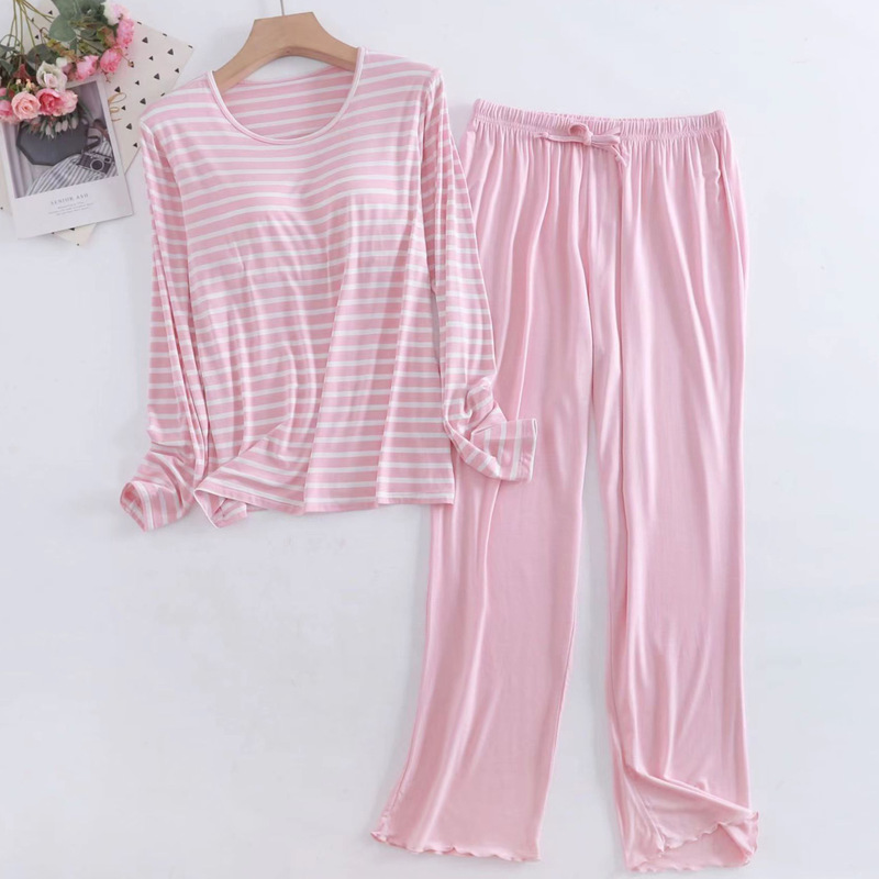 Modal Pajamas Women's Spring and Autumn Long-sleeved Pants Suit with Chest Pad Cup One-piece Loose Outdoor Wear Modal Pajamas Women's Spring and Autumn Long-sleeved Pants Suit with Chest Pad Cup One-piece Loose Outdoor Wear