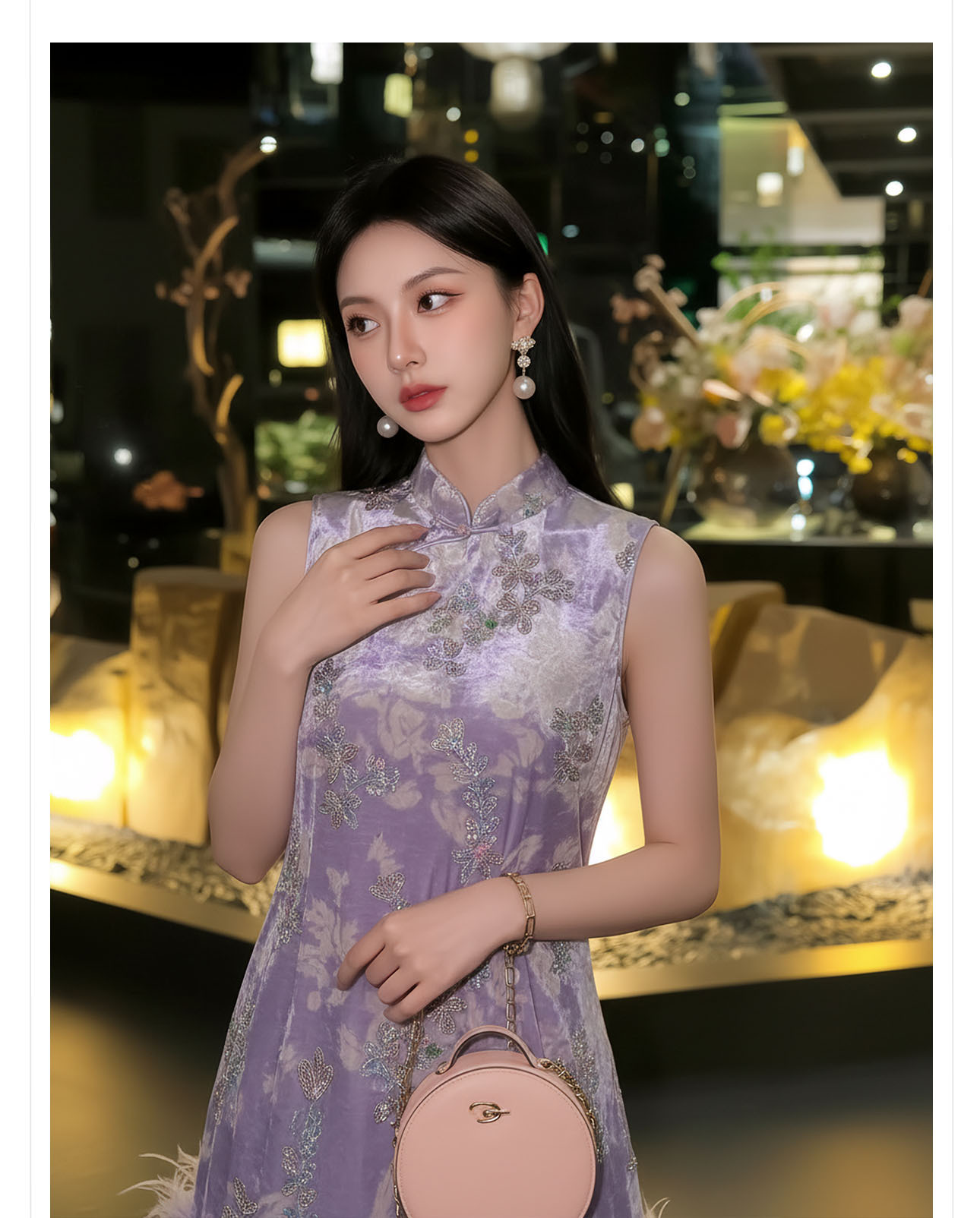 Đầm maxi nữ thắt eo phong cách cổ điển sang trọng kết hợp lông đà điểu và đính sequin thêu — màu tím chi tiết 2
