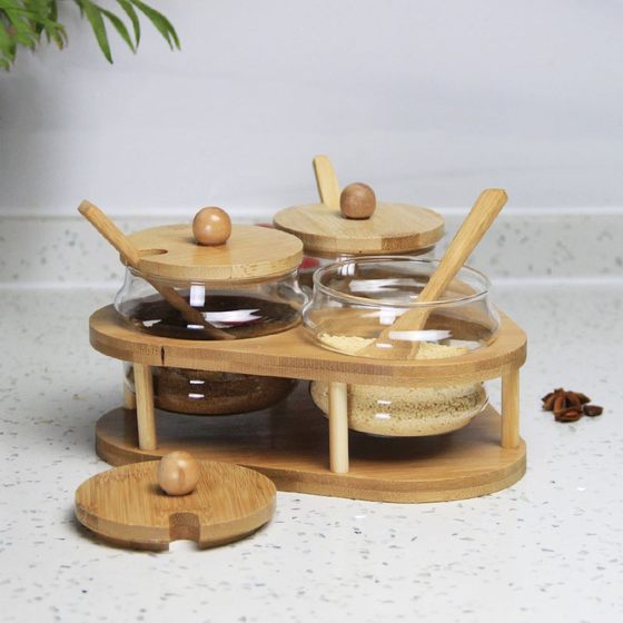 Seasoning jar kitchen supplies seasoning box glass three-piece set household combination bamboo tray oil salt seasoning bottle