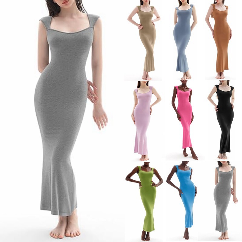 2025 European and American Export Cross-Border Women's Clothing Amazon Hot Style Square Collar Cap Sleeve Tight Fishtail Maxi Dress for Women