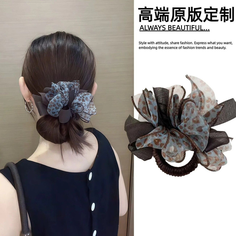 Blue leopard print mesh bow hair tie for women, bun hair rope, hair elastic, hair accessory, headband, hair ornament Blue leopard print mesh bow hair tie for women, bun hair rope, hair elastic, hair accessory, headband, hair ornament