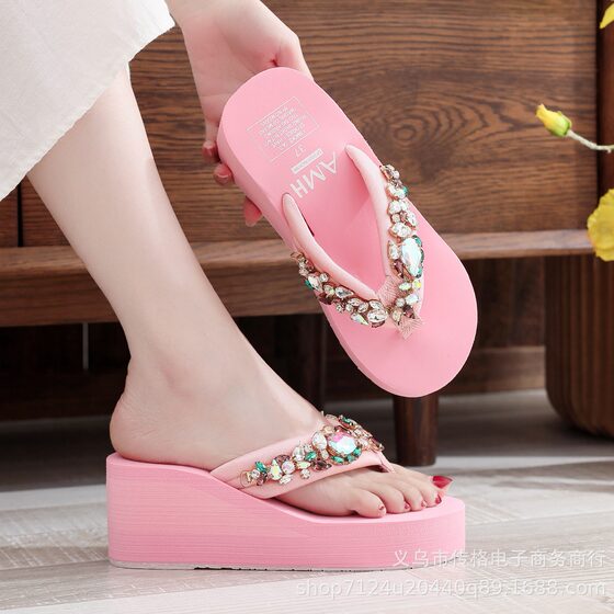 New high heel rhinestone slippers women's summer fashion outdoor beach sandals beach flip-flops chain wedge sandals batch