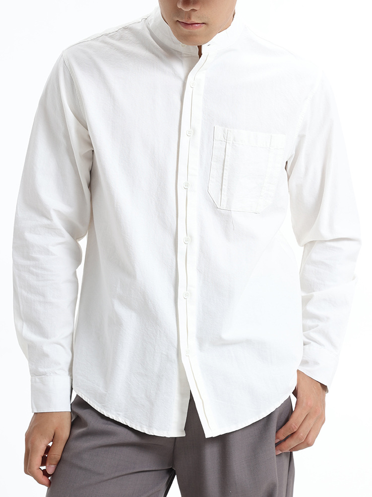 Camisas de algodón masculinas de manga larga de alta sensación suelta de cuello Henry Camisas de algodón masculinas de primavera y otoño