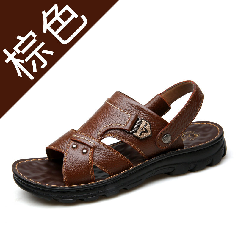 Dép sandal nam da bò lớp đầu hở ngón quai hậu thoáng khí — 10498 màu đen, Màu nâu 10498