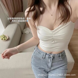 Solid Color Wrinkle Beauty Back Sling Vest Women's Online Popular Integrated Chest Pad Anti-walking Single Wear Slim Look All-match Base Shirt