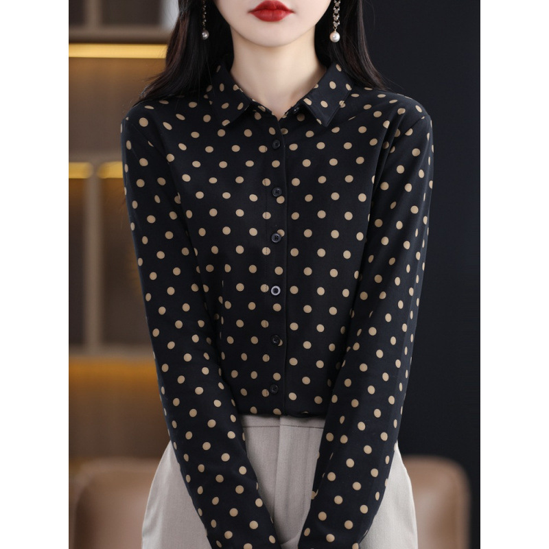 Spring New Style French Polka Dot Shirt for Women, Long-Sleeve Polo Collar, Elegant Slim-Fit Base Shirt, Stylish Pure Cotton Top Spring New Style French Polka Dot Shirt for Women, Long-Sleeve Polo Collar, Elegant Slim-Fit Base Shirt, Stylish Pure Cotton Top