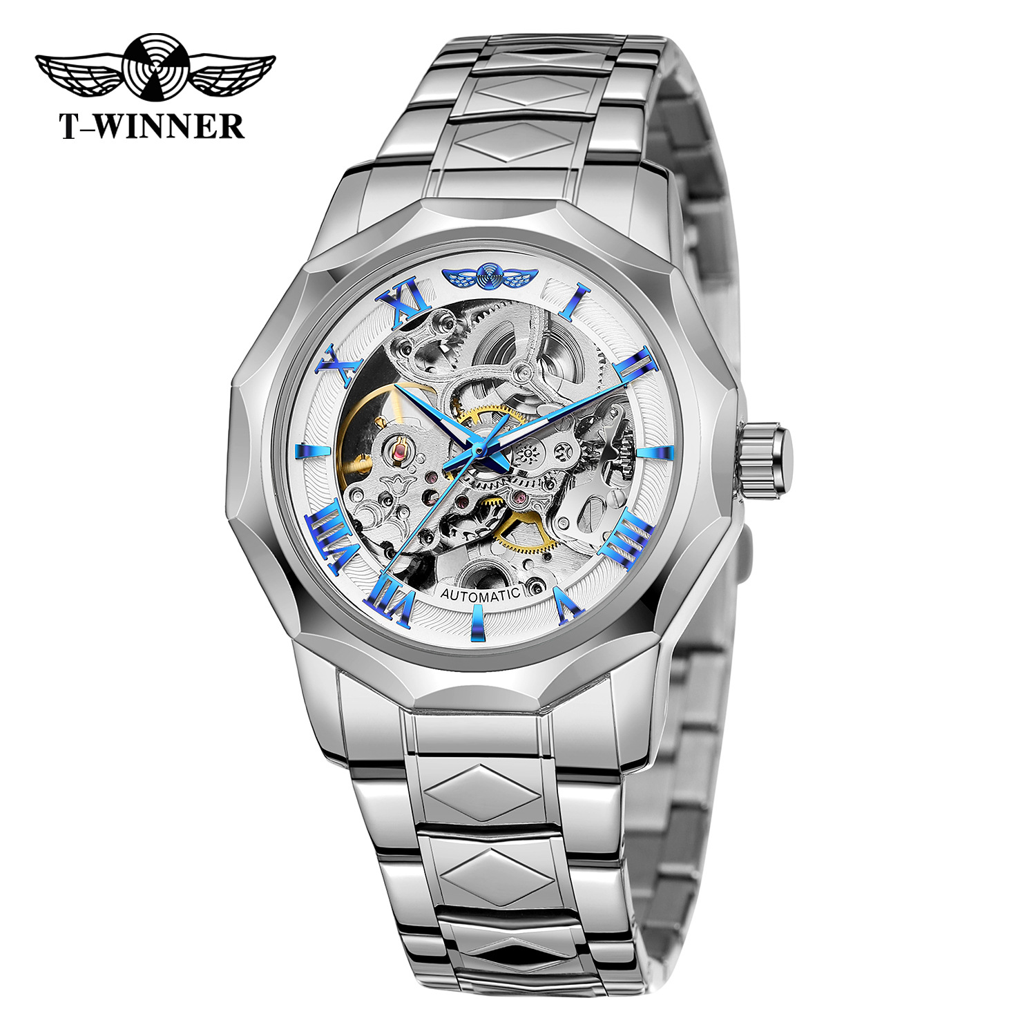 Nuevo ganador de polígono europeo y americano reloj mecánico de los hombres moda casual hueco de fondo transparente reloj automático
