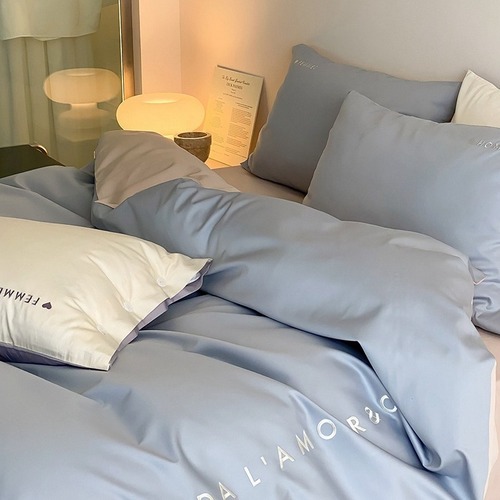 Light luxury style 100 count contrasting color pure cotton long-staple cotton four-piece set pure cotton satin simple letter embroidery bedding mousse T