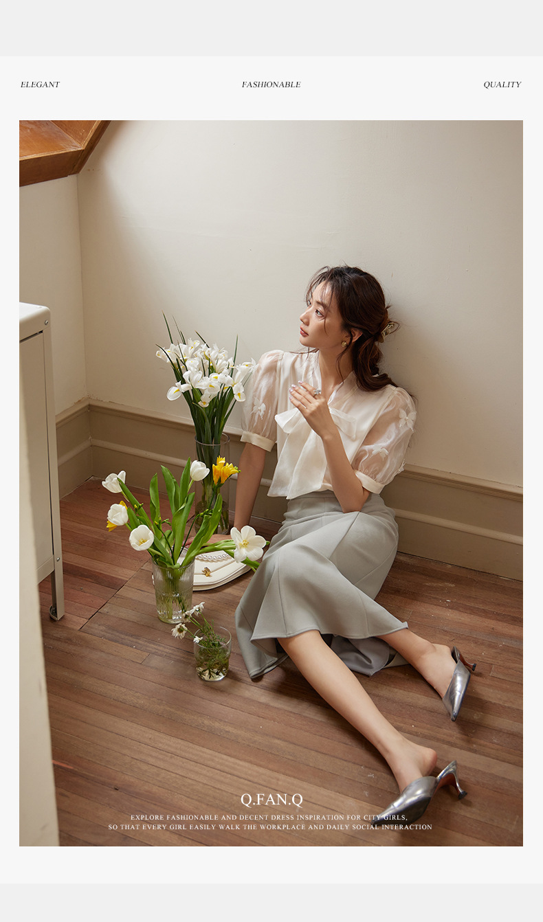 起范 夏款气质轻熟风蝴蝶结衬衫女短袖小众设计钉珠法式衬衣82302 pic 2