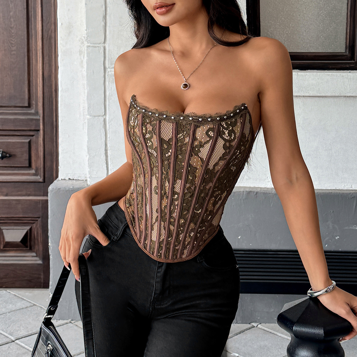 K Elegant Pure Desire Style Floral Lace Slim-fit Fishbone Button Back High-end Sexy Corset. No Necklace Or Other Accessories_ecoleips.com