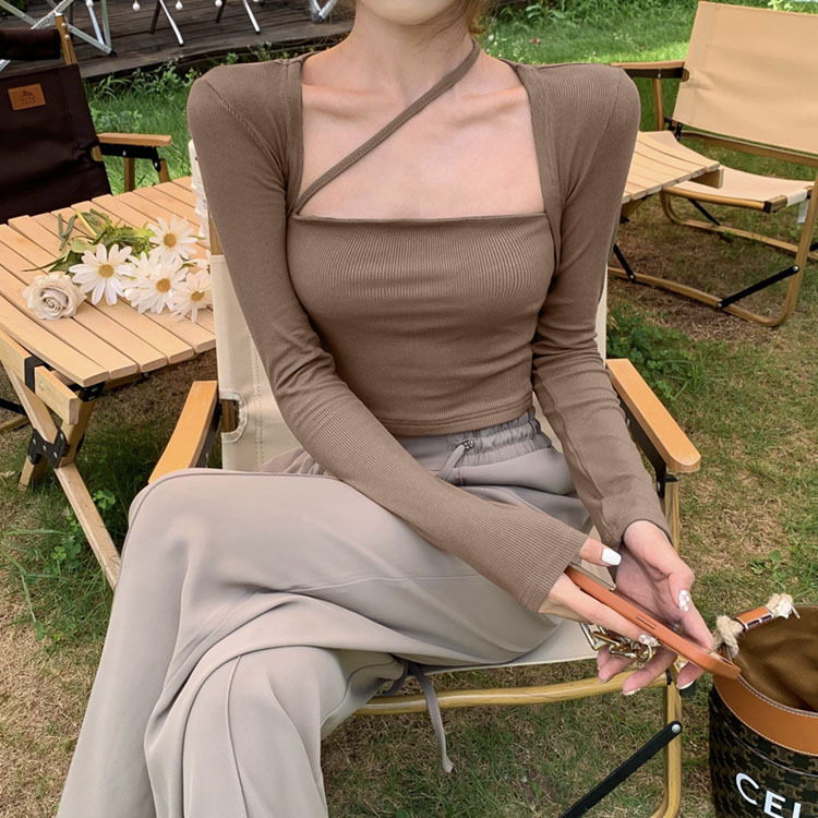 Hot Girl Sexy Strapless Fake Two-piece T-sleeve Women's Spring and Autumn New Slim-fit Slimming Short Pure Long-sleeve Top