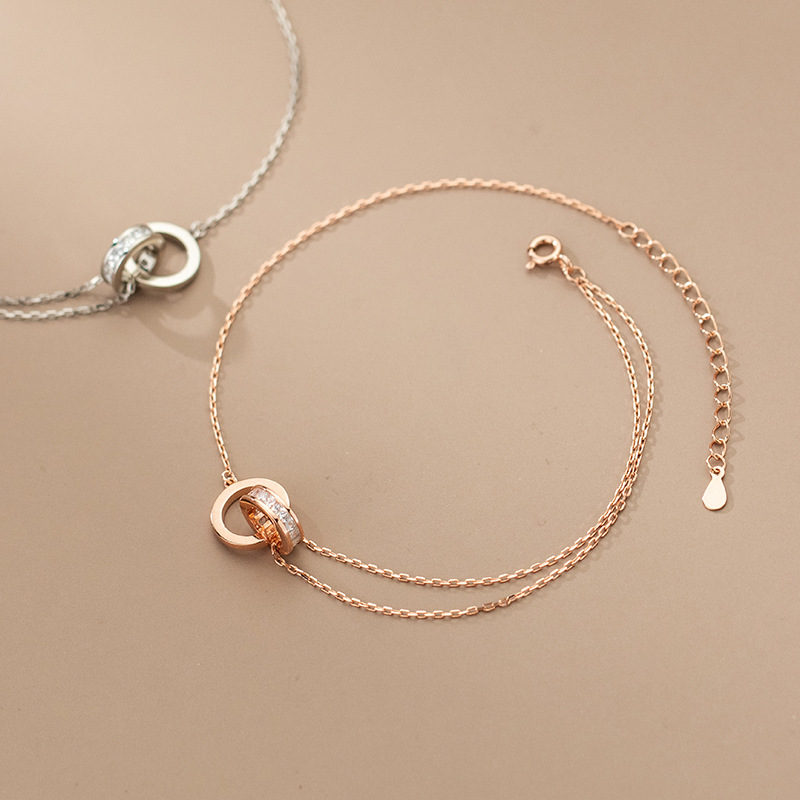 Eloch s925 plata de diamantes de doble anillo pulsera coreana pequeña fresca simple ajustable joyas de pie de mujer S4754